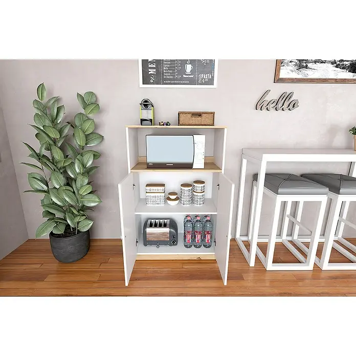 Meka Block Aparador buffet K-1099 - L x An x Al: 40,2 x 80,2 x 124 cm, Blanco/Roble Albar - Aparador de cocina con microondas, tostadora, botellas de agua y vasos en acabado blanco y madera, ideal para cocinas modernas.