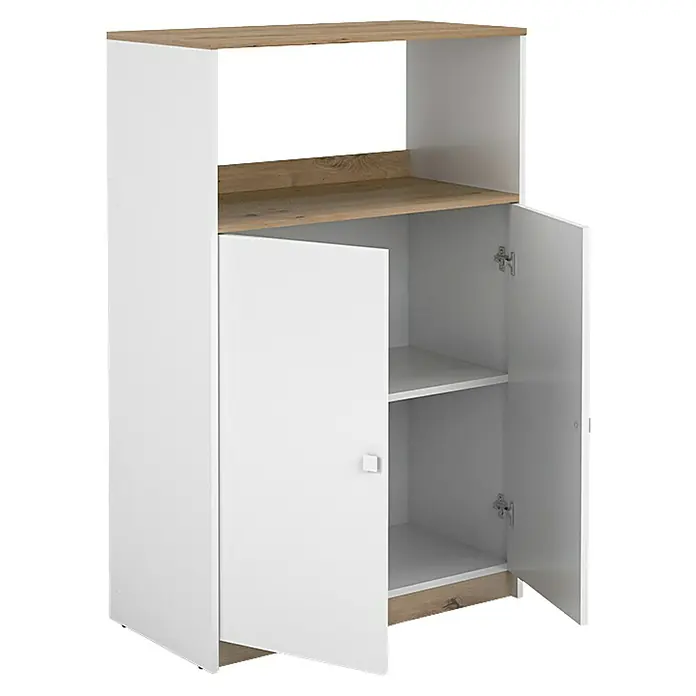 Meka Block Aparador buffet K-1099 - L x An x Al: 40,2 x 80,2 x 124 cm, Blanco/Roble Albar - Aparador moderno blanco con detalles de madera, con una puerta abierta que revela dos estantes de almacenamiento. Práctico y elegante para cualquier espacio.