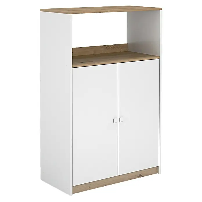 Meka Block Aparador buffet K-1099 - L x An x Al: 40,2 x 80,2 x 124 cm, Blanco/Roble Albar - Armario blanco con dos puertas y superficie de madera que ofrece almacenamiento y estilo. Una solución práctica y elegante.