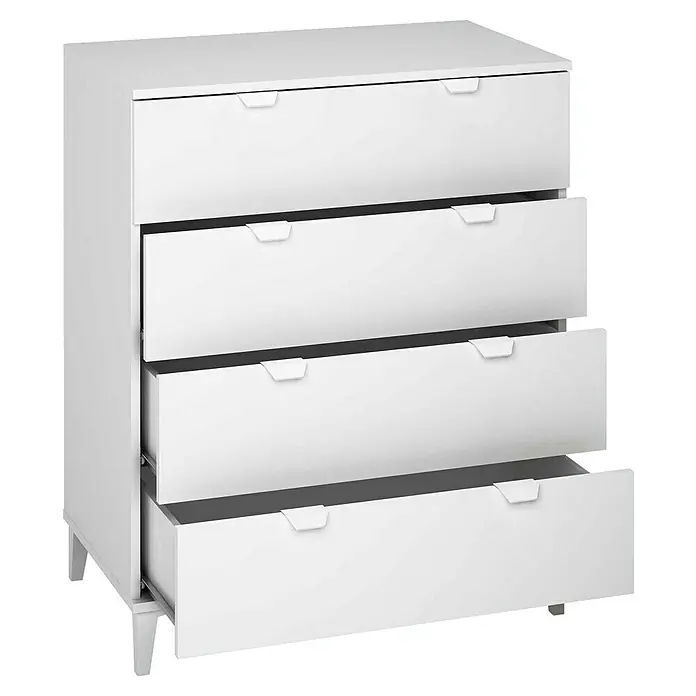 Meka Block Cómoda K-914 con mesitas de noche K-913 - Blanco poro, 3 pzs. - Una cómoda moderna blanca con cuatro cajones, los tres inferiores parcialmente abiertos para mostrar el espacio de almacenamiento.