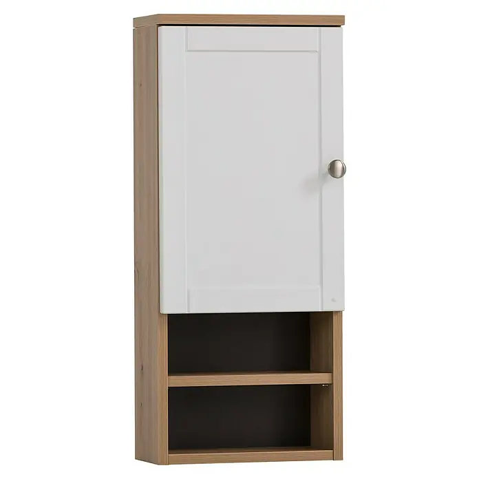 Schildmeyer Jesper Oberschrank - B x T x H: 30,3 x 16 x 70 cm, Artisan Eiche/Weiß, Matt - Kleiner Wandschrank mit heller Holzmaserung und zwei offenen Regalböden, sowie einer weißen Tür mit silbernem Knauf.