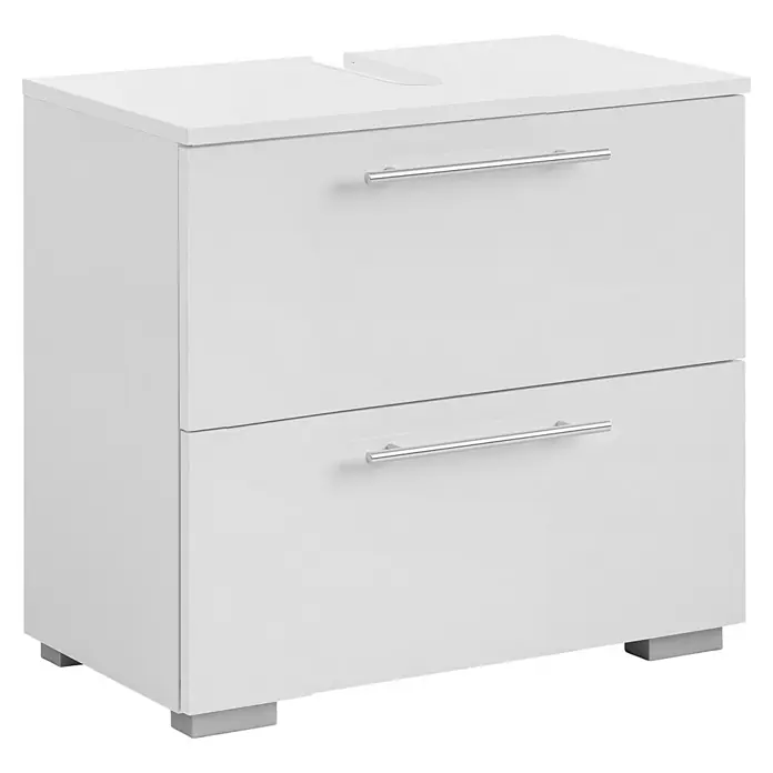 Schildmeyer Carlos Waschtischunterschrank - B x T x H: 60,2 x 35 x 59,1 cm, Perlweiß, Matt - Weißer zweischübiger Aufbewahrungsschrank mit silbernen Griffen und rechteckigen Füßen.