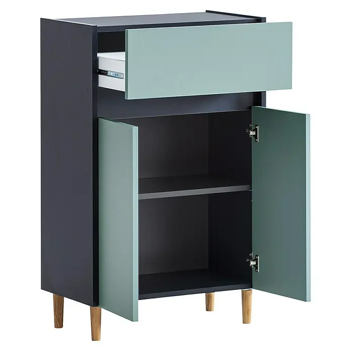Schildmeyer Lovis Highboard - B x T x H: 56,9 x 33 x 90,3 cm, Nachtblau/Taubenblau, Matt - Dunkelgrauer und hellgrüner Schrank mit offener Schublade und Tür, die ein Regal zeigt, auf Holzbeinen.