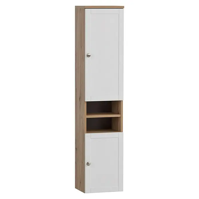 Schildmeyer Jesper Hochschrank - B x T x H: 30,3 x 25,4 x 138,3 cm, Artisan Eiche/Weiß, Matt - Schmaler Hochschrank mit weißen Türen, hellem Holzdekor und offenen Mittelfächern.