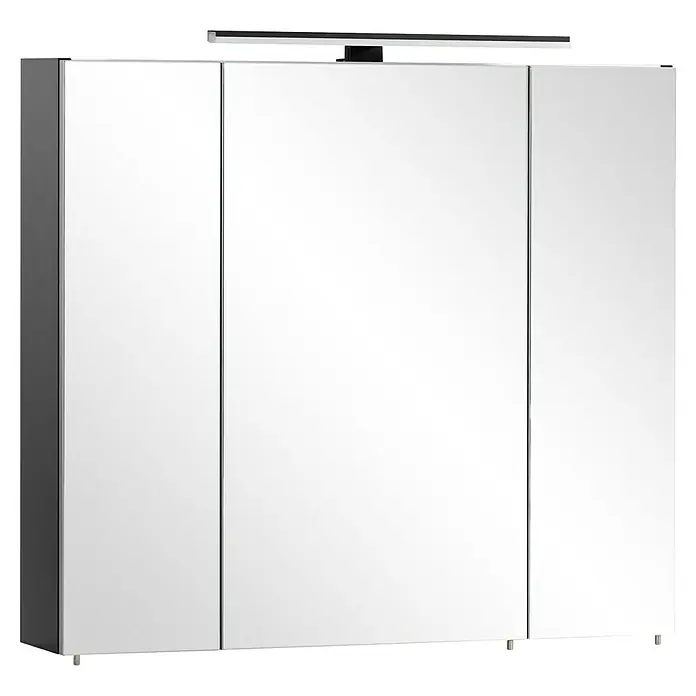 Schildmeyer LED-Spiegelschrank Pandora/Malte - B x H: 80 x 75 cm, Holz, Schwarz Matt/Artisan - Dreitüriger Spiegelschrank mit dunkelgrauen Seitenwänden und obenliegender Lichtleiste.