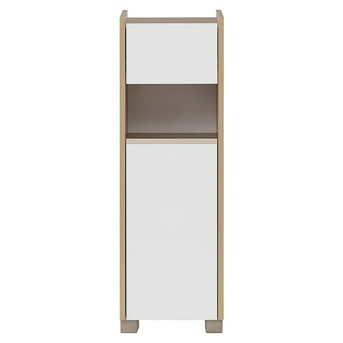 Schildmeyer Juba  Highboard - B x T x H: 30,2 x 33 x 94,7 cm, Eiche hell/Kreideweiß, Matt - Hoher Schrank mit heller Holzrahmen, weißen Türen und offenem Ablagefach.