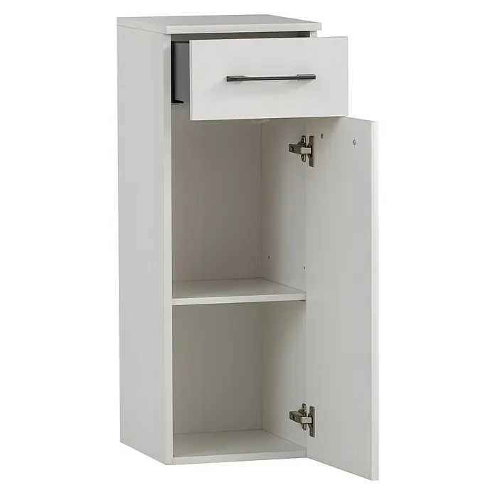 Schildmeyer Maxim Highboard - B x T x H: 32,7 x 35,3 x 88,4 cm, Weiß, Matt - Weißer Aufbewahrungsschrank mit einer teilweise geöffneten Schublade oben und einer offenen Tür, die zwei Regalböden zeigt.