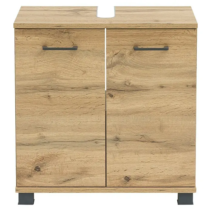 Schildmeyer Nora  Waschtischunterschrank - B x T x H: 59,8 x 32,6 x 62,4 cm, Eiche Landhaus, Matt - Heller Waschtischunterschrank aus Holz mit zwei Türen, dunklen Griffen und Ausschnitt für ein Waschbecken.