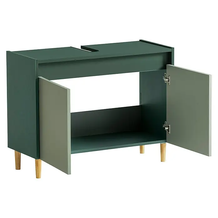Schildmeyer Lovis Waschtischunterschrank - B x T x H: 80 x 33 x 60,1 cm, Waldgrün/Pistazie, Matt - Dunkelgrüner Badunterschrank mit offenen Türen, Sinkausschnitt und Holzbeinen.