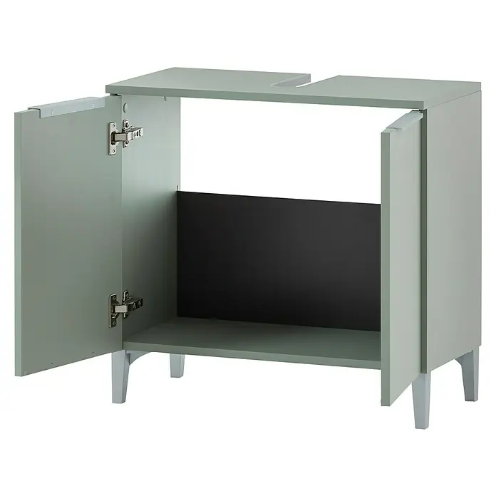 Schildmeyer Smilla Waschtischunterschrank - B x T x H: 63,5 x 31,9 x 61,1 cm, Pistazie, Matt - Hellgrüner Badezimmerschrank mit geöffneten Türen, zeigt einen Spülenausschnitt oben und eine schwarze Rückwand.