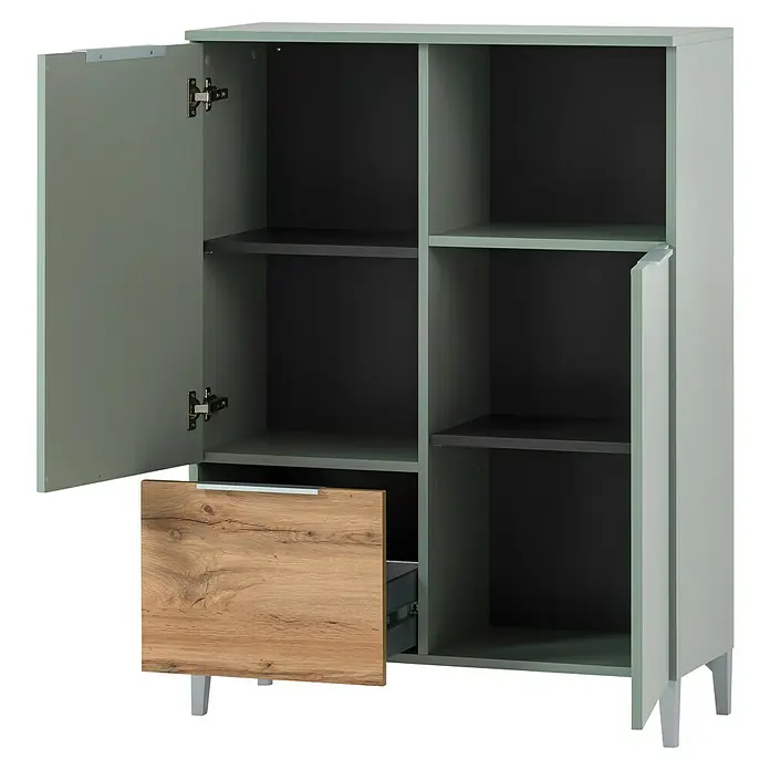 Schildmeyer Smilla Highboard - B x T x H: 80,4 x 31,9 x 109,6 cm, Pistazie/Eiche Landhaus, Matt - Salbeigrüner Schrank mit offener Tür und Schublade, Holzmaserungsfront und dunkelgrauen Regalen.