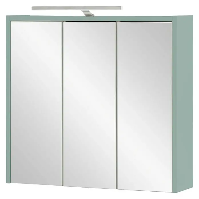 Schildmeyer LED-Spiegelschrank Carlos/Flag - B x H: 65 x 64 cm, Holz, Pistazie - Dreitüriger Spiegelschrank mit Beleuchtung und hellgrünem Rahmen.