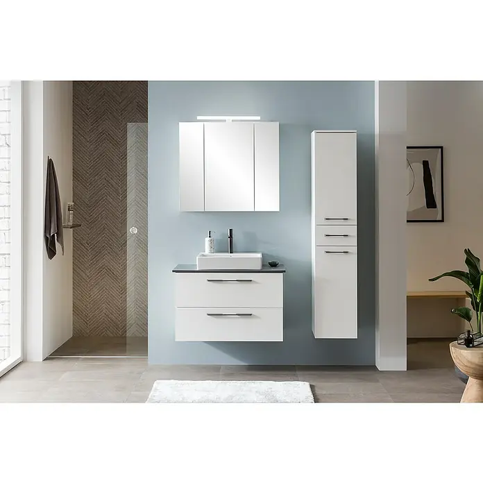 Schildmeyer Maxim Badmöbel-Set - 86 cm, Weiß/Grau, Matt, Mit eckigem Aufsatzwaschbecken - Moderne weiße Badmöbel mit dunkler Platte, Aufsatzwaschbecken, Spiegelschrank und hohem Stauraumschrank im Badezimmer.
