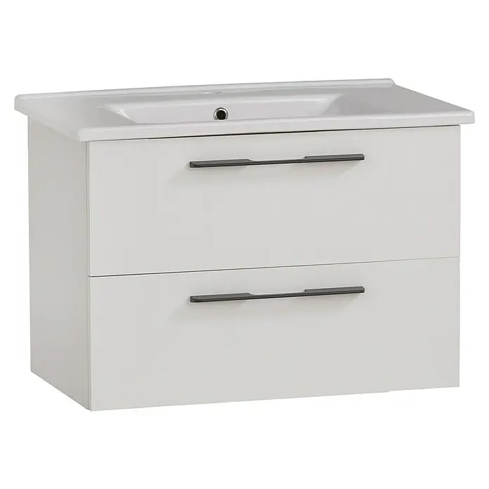 Schildmeyer Maxim Badmöbel-Set - 65 cm, Weiß, Matt, Mit Einbauwaschbecken - Weißer Badezimmerschrank mit integriertem Keramikwaschbecken und zwei Schubladen mit dunklen Griffen.