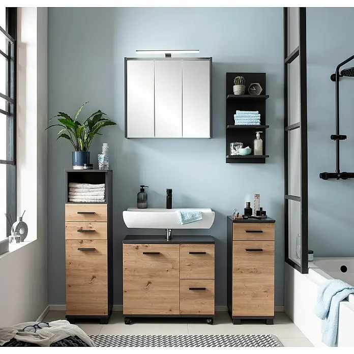 Schildmeyer Palermo Badregal - L x B x H: 17,45 x 30,3 x 70,2 cm, Anthrazit - Badmöbelset aus Holz und Dunkelgrau mit Waschbecken, Seiten- und Spiegelschrank in einem modernen Badezimmer.