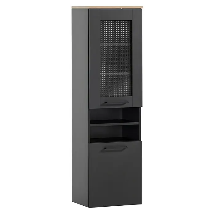 Schildmeyer Malte Hochschrank - B x T x H: 40,3 x 32 x 138,3 cm, Schwarz/Artisan Eiche, Matt - Hoher Anthrazit-Schrank mit Holzplatte, oberer Tür mit Musterglas, zwei offenen Fächern und einer unteren Tür.