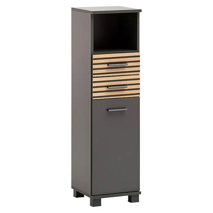 Schildmeyer Katta Highboard - B x T x H: 30,3 x 32,6 x 110,5 cm, Anthrazit/Braun, Matt - Hoher grauer Schrank mit offenem Fach, zwei Schubladen mit Holzlamellen und einer grauen Tür mit schwarzen Griffen, auf quadratischen Beinen.