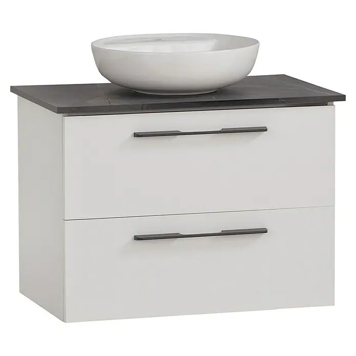 Schildmeyer Maxim Badmöbel-Set - 66 cm, Weiß/Grau, Matt, Mit rundem Aufsatzwaschbecken - Weißer Badunterschrank mit dunkelgrauer Arbeitsplatte und weißem Aufsatzwaschbecken. Zwei Schubladen mit schwarzen Griffen.