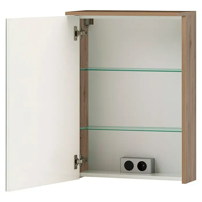 Schildmeyer Jesper LED-Spiegelschrank - B x H: 50,4 x 72,3 cm, Holz, Artisan Eiche - Weißer Badezimmerschrank mit offener Tür, hellem Holzrahmen, Glasböden und Steckdose.