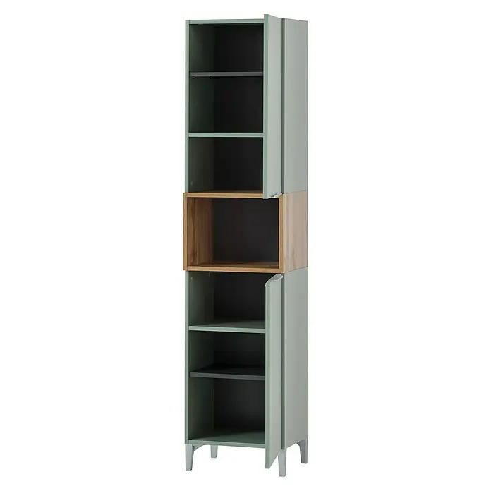 Schildmeyer Smilla Hochschrank - B x T x H: 40,2 x 31,9 x 175,5 cm, Pistazie/Eiche Landhaus, Matt - Hohes Regal mit hellgrün-grauem Rahmen, dunkelgrauen Einlegeböden und einem mittigen Holzeffekt-Abschnitt. Mit Türen, Griffen und Beinen.