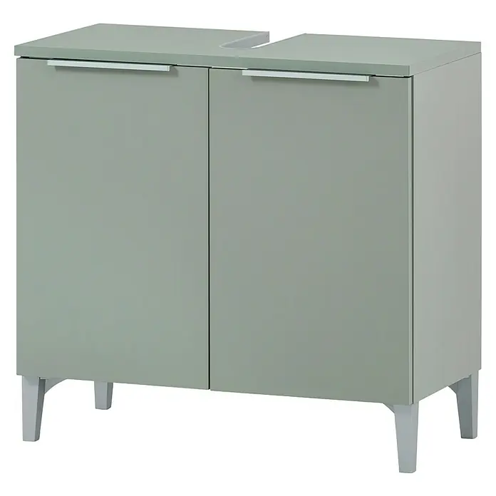 Schildmeyer Smilla Waschtischunterschrank - B x T x H: 63,5 x 31,9 x 61,1 cm, Pistazie, Matt - Hellgrüner zweitüriger Badezimmerschrank mit silbernen Griffen, silbernen Beinen und einer Aussparung für ein Waschbecken.