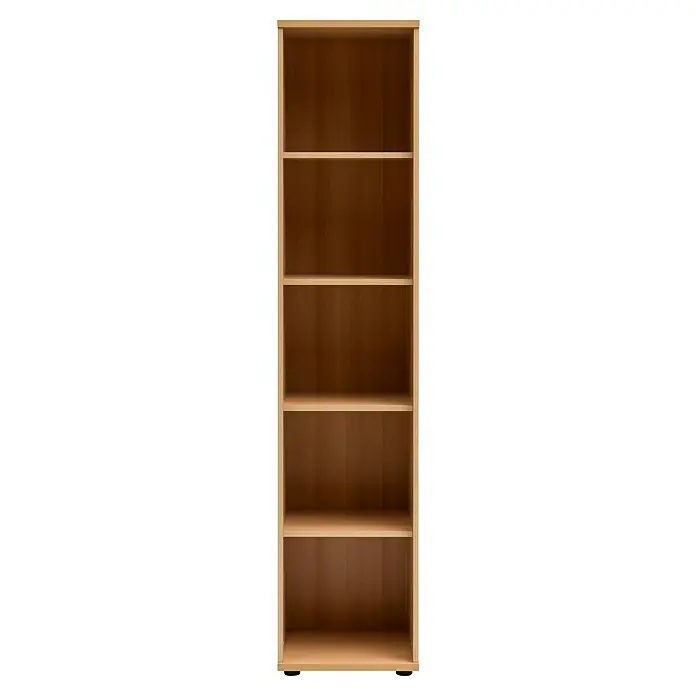 Schildmeyer Smilla Highboard - B x T x H: 80,4 x 31,9 x 109,6 cm, Pistazie/Eiche Landhaus, Matt - Hellbraunes Holzregal mit fünf leeren Fächern und zwei schwarzen Füßen am Boden.