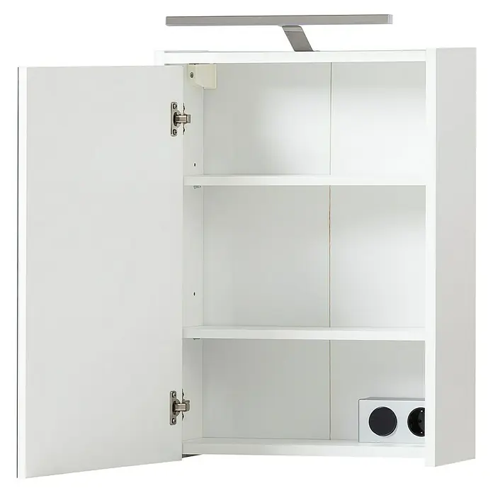 Schildmeyer LED-Spiegelschrank Carlos/Flag - B x H: 43,5 x 64 cm, Holz, Weiß Glänzend - Weißer Wandschrank mit offener Tür, verstellbaren Regalböden, Oberlicht und unterer Steckdose.