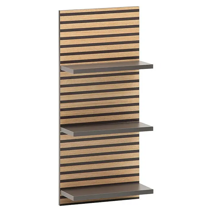 Schildmeyer Katta Wandregal - L x B x H: 17,4 x 30,3 x 70,2 cm, Anthrazit/Braun - Wandmontiertes Lamellenpaneel in heller Holzoptik mit dunklen Streifen und drei dunkelgrauen Ablagen.