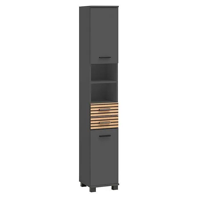 Schildmeyer Katta Hochschrank - B x T x H: 30,3 x 32,6 x 180,9 cm, Anthrazit/Braun, Matt - Hoher anthrazitfarbener Schrank mit hellen Holzlamellenschubladen, offenem Fach und zwei Türen.