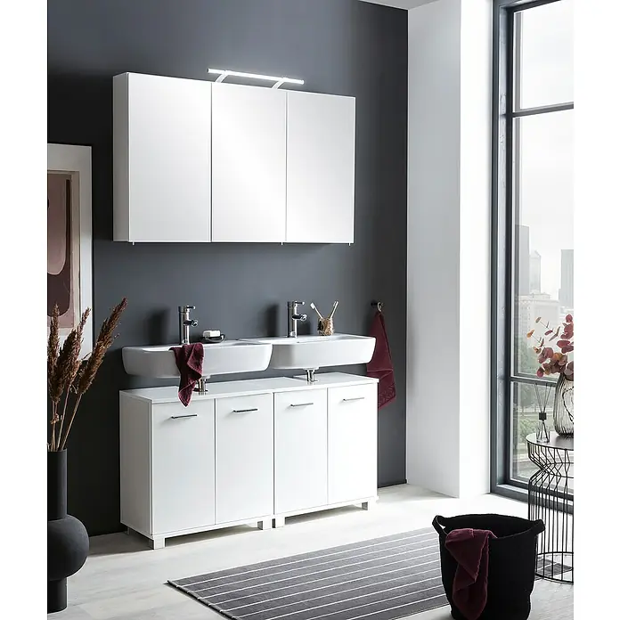 Schildmeyer Dorina Waschtischunterschrank - B x T x H: 60 x 32,6 x 62,4 cm, Weiß, Glanz - Elegantes Badezimmer-Interieur mit weißem Doppelwaschtischunterschrank und Spiegelschrank. Stilvolle Badmöbel mit moderner Beleuchtung für ein harmonisches Ambiente.