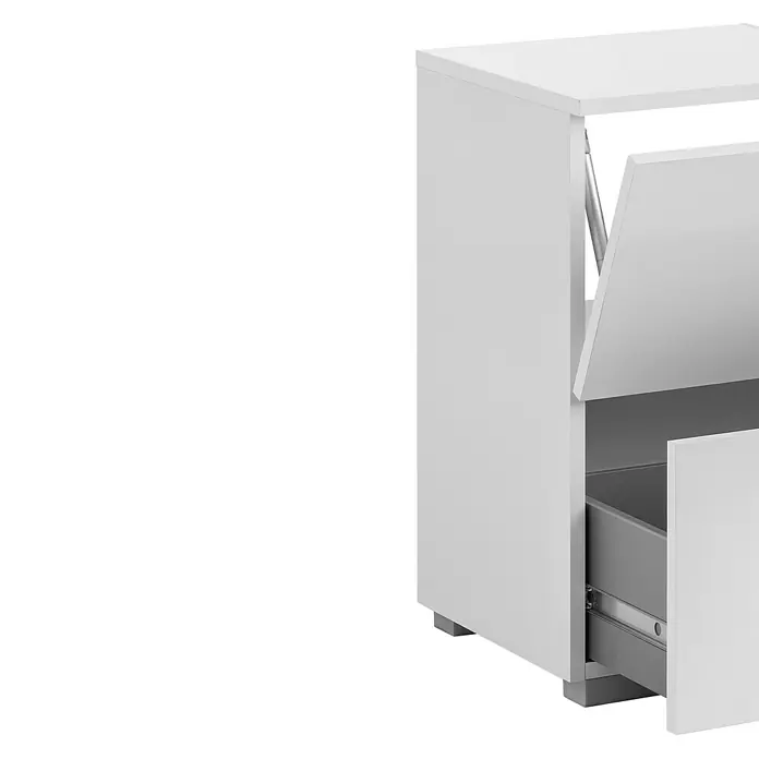 Schildmeyer Carlos Waschtischunterschrank - B x T x H: 40,2 x 35 x 59,1 cm, Perlweiß, Matt - Weißer Schrank mit geöffneter Klappe oben und teilweise geöffneter Schublade unten mit grauer Innenseite.