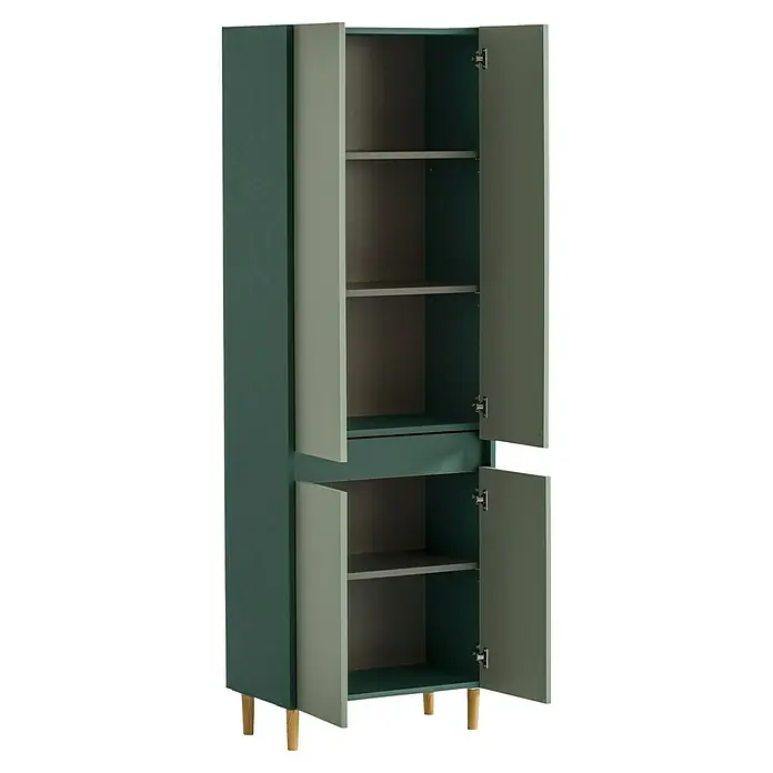 Schildmeyer Lovis Hochschrank - B x T x H: 56,9 x 33 x 170 cm, Waldgrün/Pistazie, Matt - Zweifarbiger grüner Schrank mit offenen Türen, Regalböden und hellen Holzbeinen.