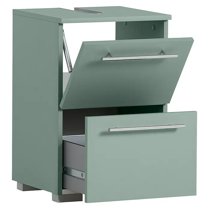 Schildmeyer Carlos Waschtischunterschrank - B x T x H: 40,2 x 35 x 59,1 cm, Pistazie, Matt - Hellgrüner Badezimmerschrank mit geöffneter oberer Klappe und teils geöffneter unterer Schublade, mit silbernen Griffen.