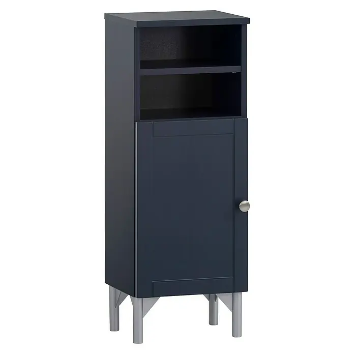 Schildmeyer Jesper Highboard - B x T x H: 30,3 x 25,4 x 70 cm, Nachtblau, Matt - Hoher, dunkelblauer Aufbewahrungsschrank mit zwei offenen Fächern, einer unteren Tür mit silbernem Knauf und silbernen Beinen.