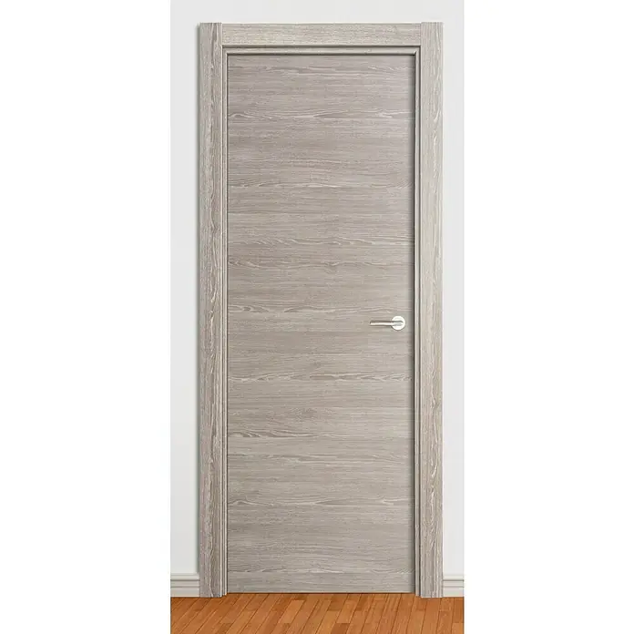 Solid Elements Puerta interior Roble Finlandés - 72,5 x 203 cm, Izquierda, Roble oscuro, Maciza - Una elegante puerta de madera gris con vetas horizontales y un moderno tirador, ideal para interiores con estilo.