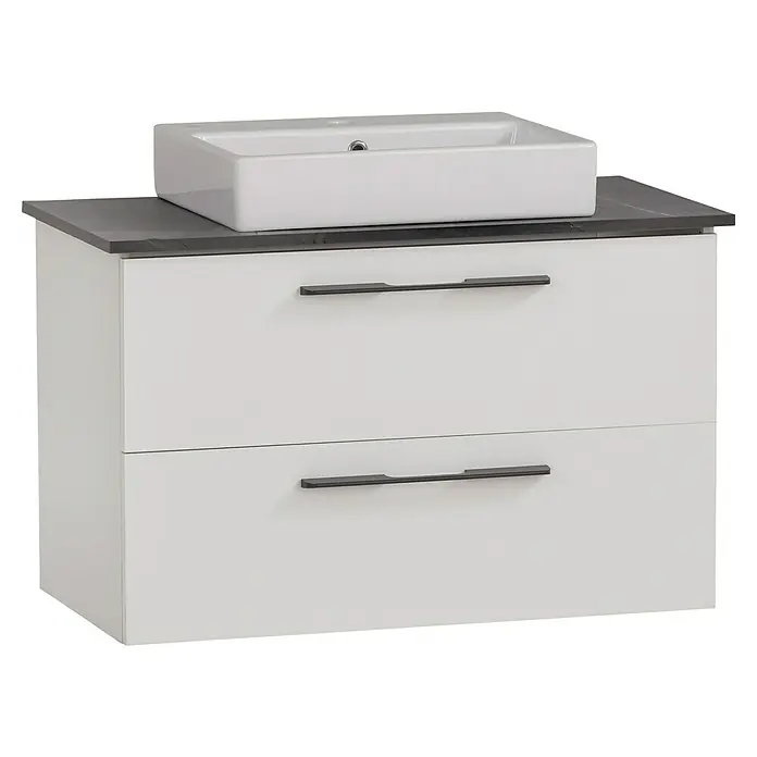 Schildmeyer Maxim Badmöbel-Set - 86 cm, Weiß/Grau, Matt, Mit eckigem Aufsatzwaschbecken - Weißer Badezimmerschrank mit dunkler Arbeitsplatte und Aufsatzwaschbecken, zwei Schubladen mit dunklen Griffen.
