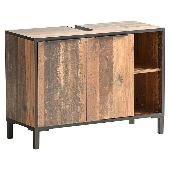 Schildmeyer Waschtischunterschrank Jaap - B x T x H: 79,8 x 33 x 49,3 cm, Old Style Dark, Matt - Rustikaler Industrieschrank aus Altholz mit zwei Türen, offenen Fächern und dunklem Metallrahmen.