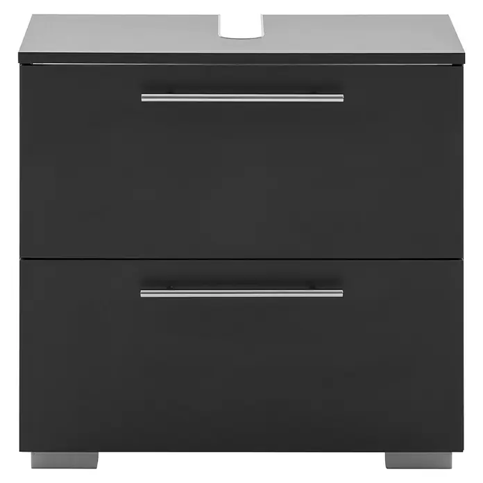 Schildmeyer Carlos Waschtischunterschrank - B x T x H: 60,2 x 35 x 59,1 cm, Anthrazit, Matt - Dunkelgrauer Waschtischunterschrank mit zwei Schubladen, silbernen Griffen und einer hellgrauen Platte mit Waschbeckenausschnitt.