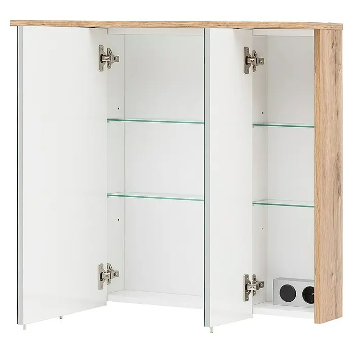 Schildmeyer LED-Spiegelschrank Profil/Nora - B x H: 80,5 x 72,3 cm, Holz, Eiche Landhaus - Weißer und heller Holz-Badezimmerschrank mit offenen Türen, Glasregalen und integrierter Steckdose.