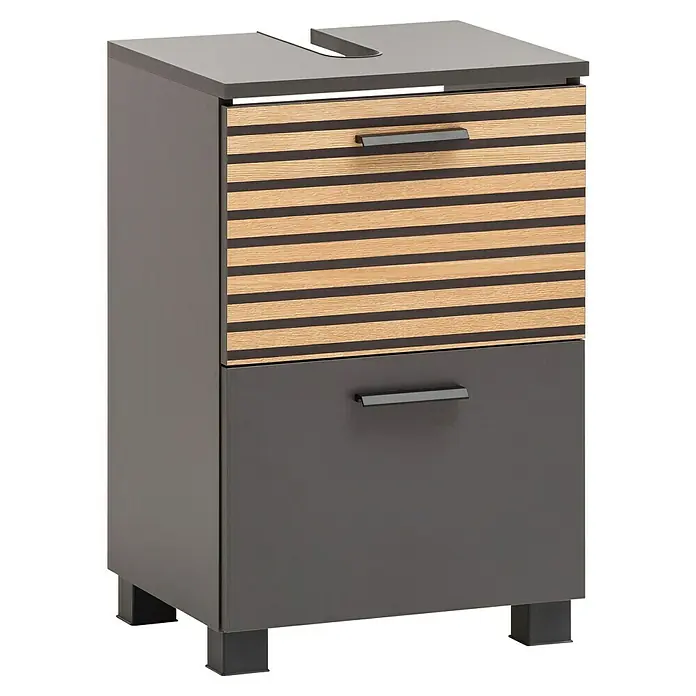 Schildmeyer Katta Waschtischunterschrank - B x T x H: 40,2 x 35 x 60,8 cm, Anthrazit/Braun, Matt - Dunkelgrauer Schrank mit zwei Schubladen. Obere Schublade helles Holz mit dunklen Streifen; untere schlicht dunkelgrau, beide mit Griffen.