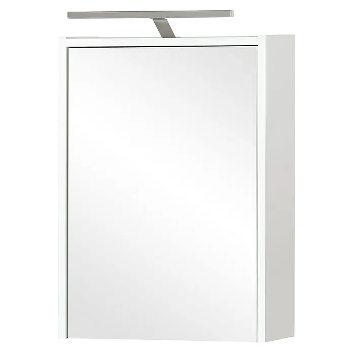Schildmeyer LED-Spiegelschrank Carlos/Flag - B x H: 43,5 x 64 cm, Holz, Weiß Glänzend - Weißer Badspiegelschrank mit integrierter silberner Beleuchtung über der Spiegeltür.