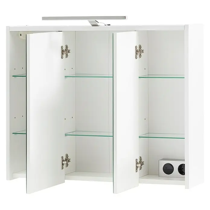 Schildmeyer LED-Spiegelschrank Flag/Carlos - B x H: 74,5 x 60 cm, Holz, Weiß Glänzend - Weißer Bad-Wandschrank mit zwei offenen Türen, Glasböden, integrierter Beleuchtung und Steckdose.