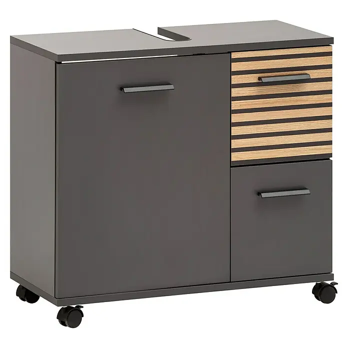 Schildmeyer Katta Waschtischunterschrank - B x T x H: 65,1 x 32 x 60 cm, Anthrazit/Braun, Matt - Mobiler dunkelgrauer Rollcontainer mit Holzlamellenschublade und zwei dunkelgrauen Schubladen/Türen.