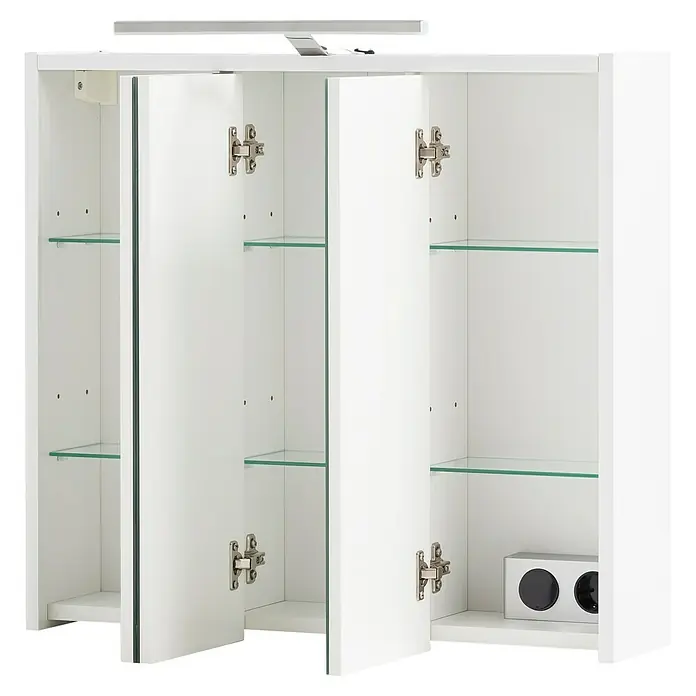 Schildmeyer LED-Spiegelschrank Flag/Carlos - B x H: 65 x 60 cm, Holz, Weiß Glänzend - Weißer Wandspiegelkabinett mit offenen Türen, Glasböden, Steckdose und oberer Beleuchtung.