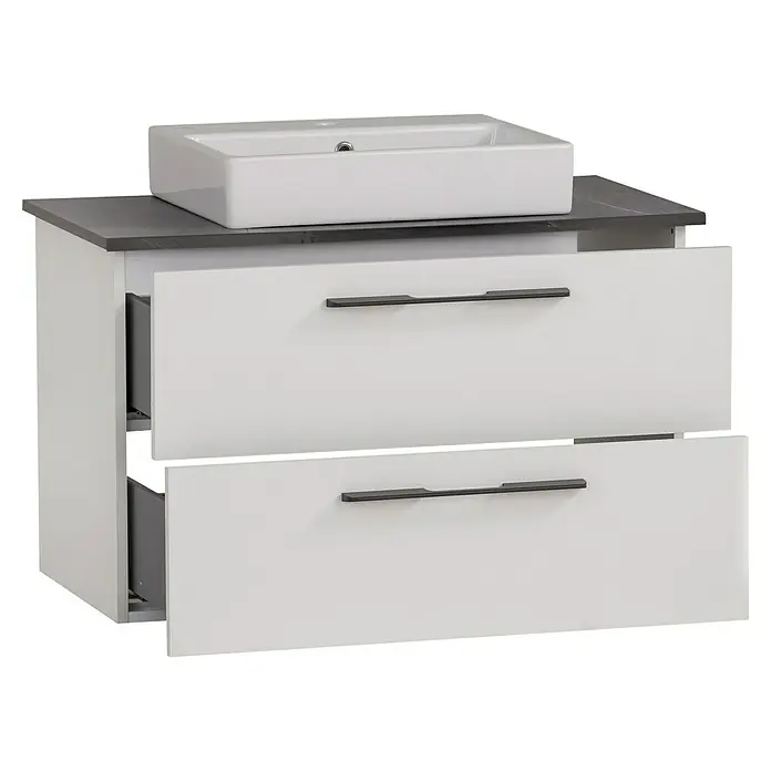 Schildmeyer Maxim Badmöbel-Set - 86 cm, Weiß/Grau, Matt, Mit eckigem Aufsatzwaschbecken - Weißer Badezimmer-Waschtisch mit dunkelgrauer Platte und zwei geöffneten Schubladen, mit weißem Becken.