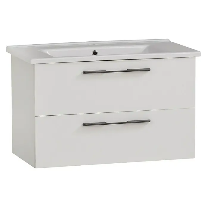 Schildmeyer Maxim Badmöbel-Set - 85 cm, Weiß, Matt, Mit Einbauwaschbecken - Weißer Badunterschrank mit integriertem Keramikwaschbecken und zwei Schubladen mit dunklen Griffen.