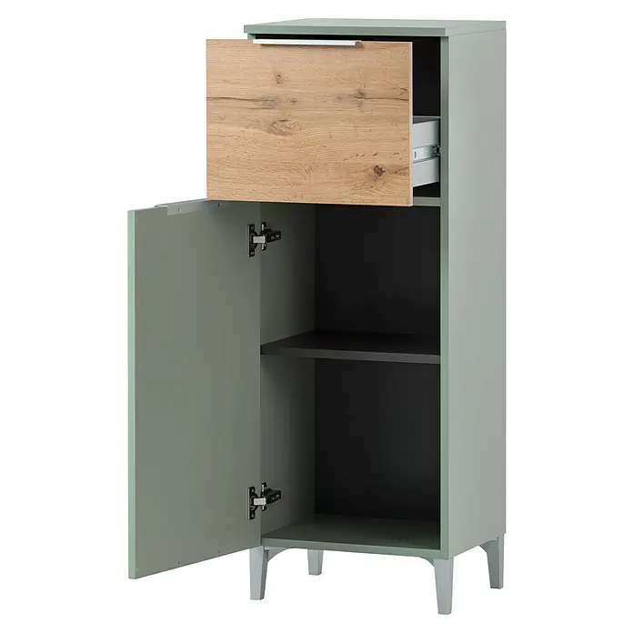 Schildmeyer Smilla Highboard - B x T x H: 40,3 x 31,9 x 109,6 cm, Pistazie/Eiche Landhaus, Matt - Graugrüner Hochschrank mit einer oberen Holztür und offener unterer Tür, die Regale und Schubladen zeigt.