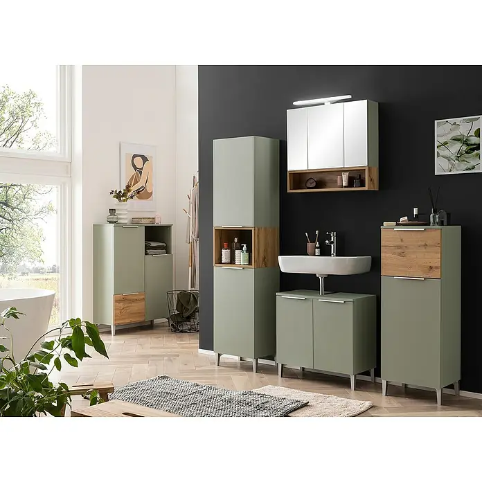 Schildmeyer Smilla Waschtischunterschrank - B x T x H: 63,5 x 31,9 x 61,1 cm, Pistazie, Matt - Badmöbelset in Salbeigrün mit Holzdetails, bestehend aus Waschbeckenunterschrank, Hochschränken und Spiegelschrank in einem modernen Bad.