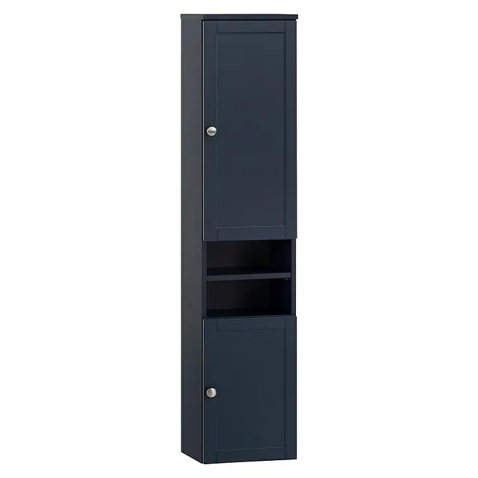 Schildmeyer Jesper Hochschrank - B x T x H: 30,3 x 25,4 x 138,3 cm, Nachtblau, Matt - Dunkelblauer Hochschrank mit zwei Türen und einem offenen Mittelfach, mit silberfarbenen Griffen.