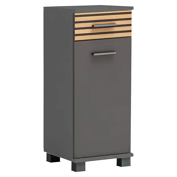 Schildmeyer Katta Unterschrank - B x T x H: 30,3 x 32,6 x 75,3 cm, Anthrazit/Braun, Matt - Schmaler dunkelgrauer Schrank mit einer gestreiften Holzoptik-Schublade oben und einer schlichten dunkelgrauen Tür unten, mit dunklen Griffen und kurzen Beinen.